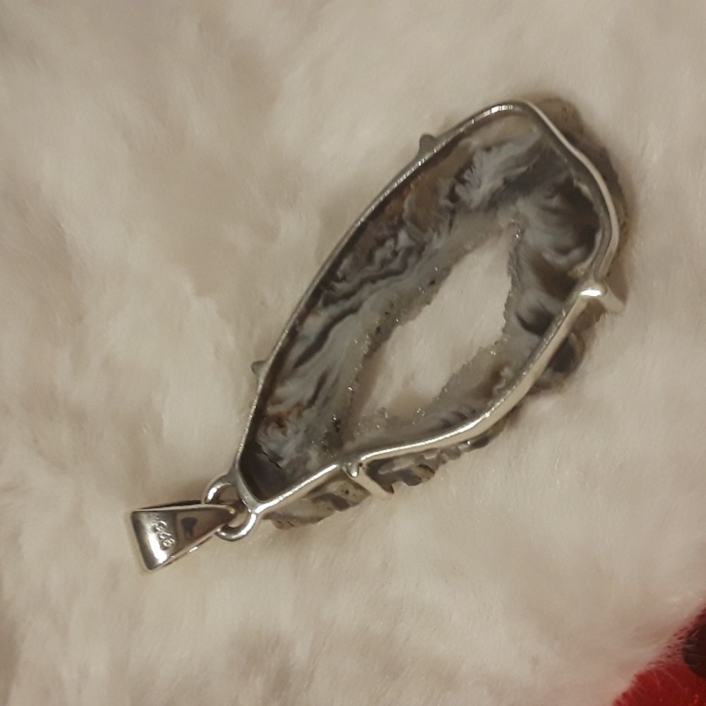 Geode Druzy Agate Slice Pendant .925 Sterling Silver Shimmer White Black Gray - Picture 7 of 11